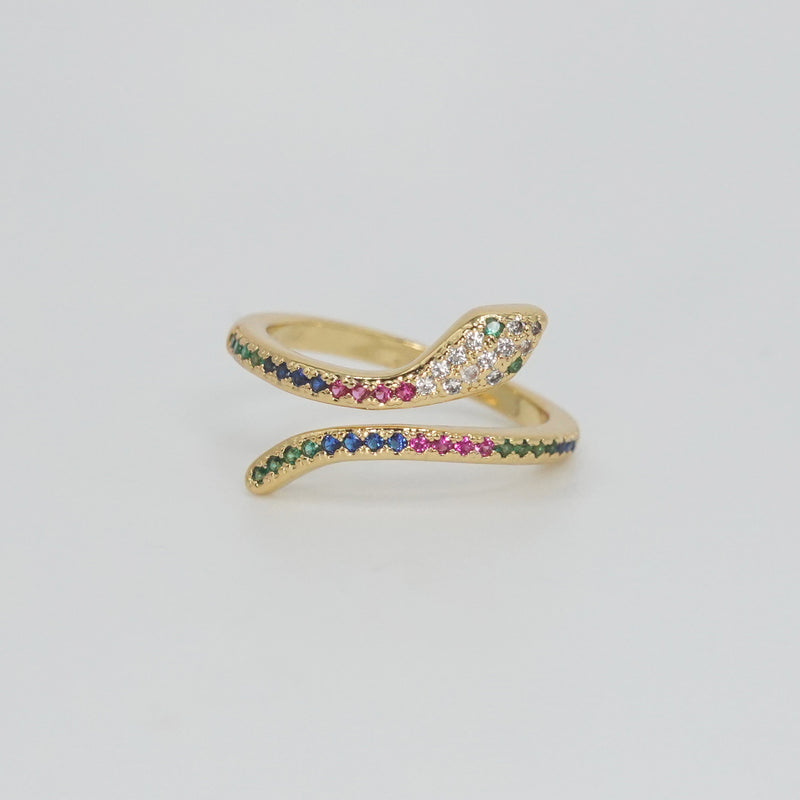 Shady Ring: Sinuous snake design adorned with colorful, shimmering stones, exuding mystery and charm.