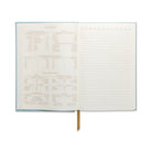 Image of the 'Ellipse Spot Journal' with a green suede cloth cover, gold geometric design, and gold ribbon bookmark.