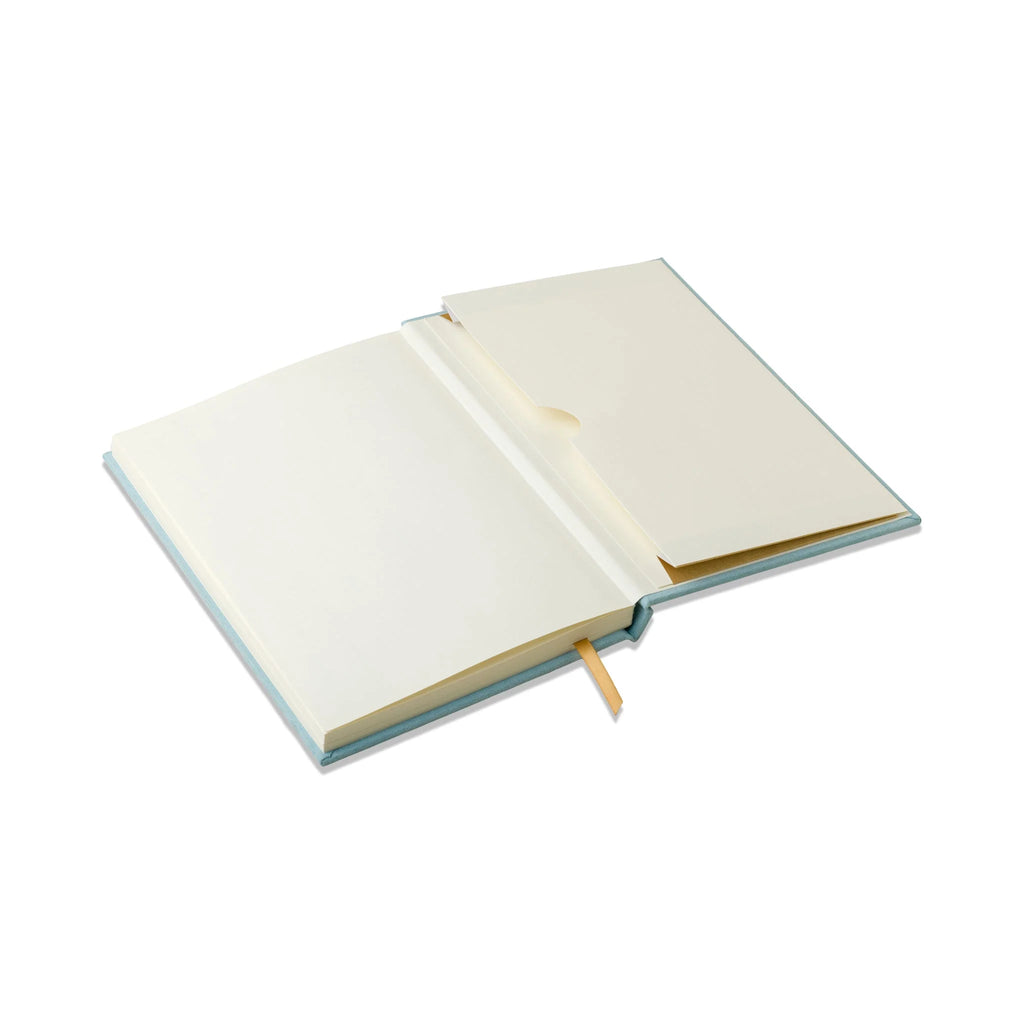 Image of the 'Ellipse Spot Journal' with a green suede cloth cover, gold geometric design, and gold ribbon bookmark.