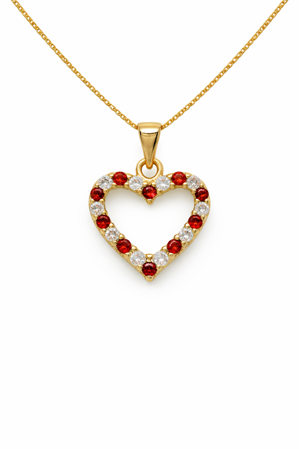 Heart-shaped pendant with red and clear stones on a gold chain against a white background