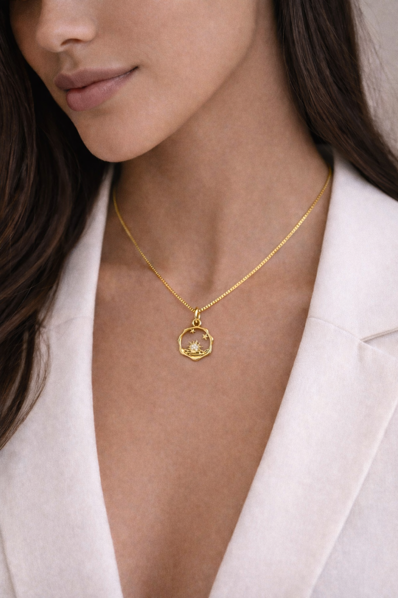 Gold Sunburst & Wave Necklace