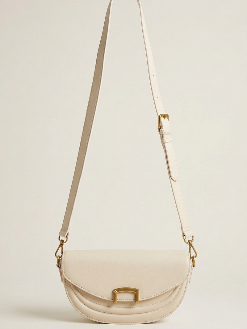 Beige handbag with a transparent section on a light beige background