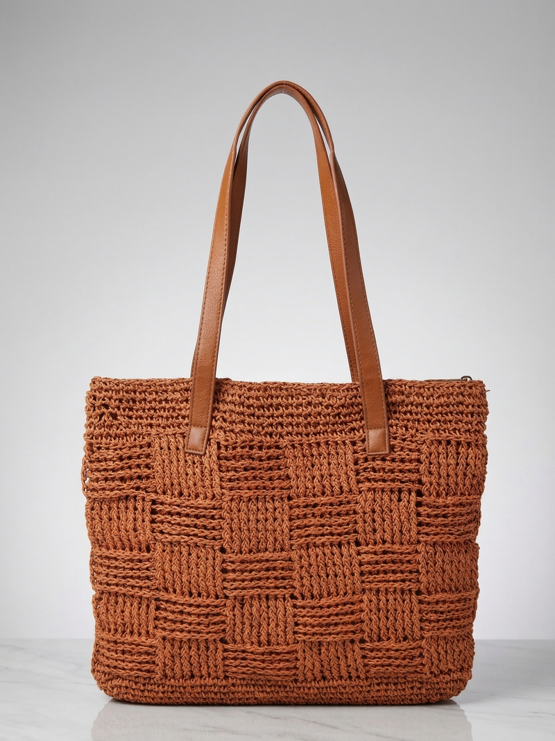 Brown woven handbag with leather straps on a light gray background