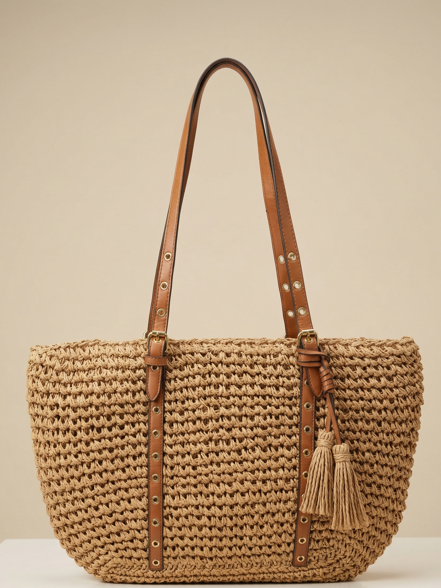 Woven handbag with leather straps and tassel on a beige background