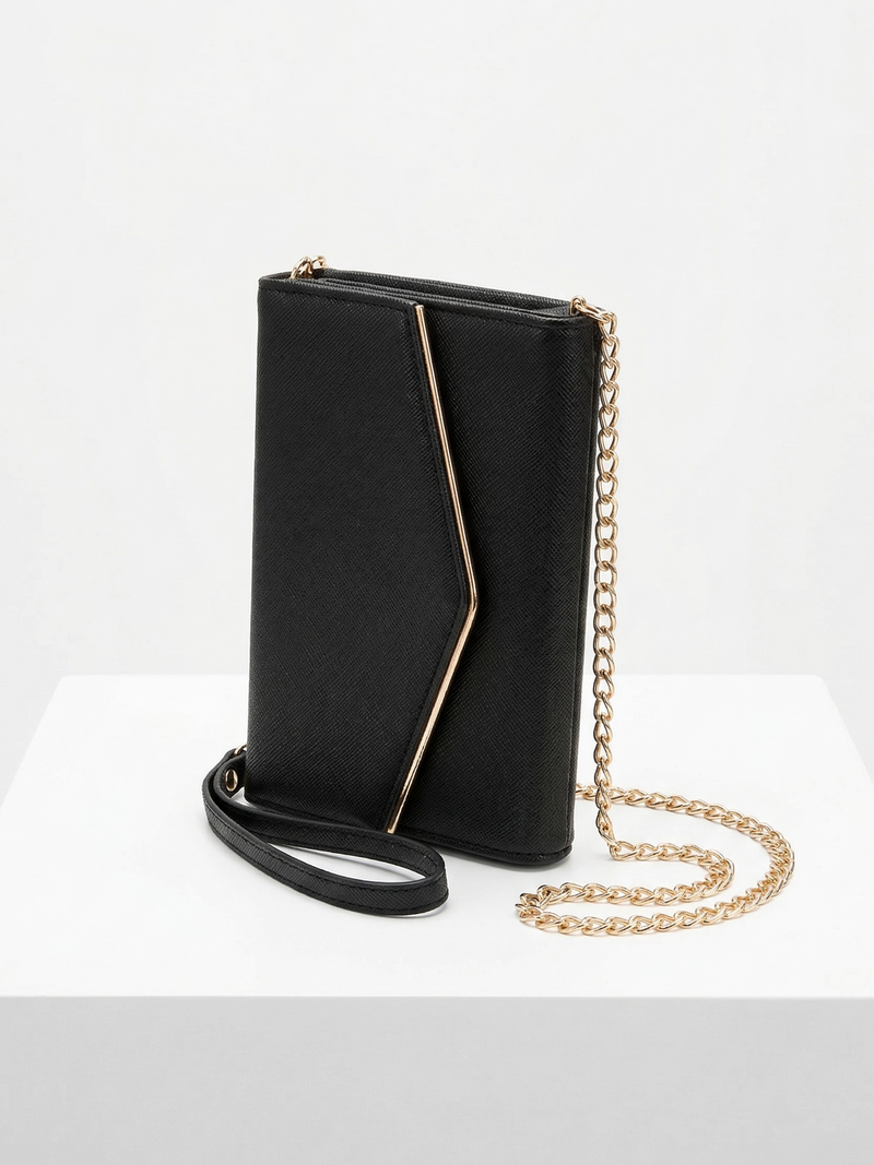 Black handbag with a gold chain on a white background