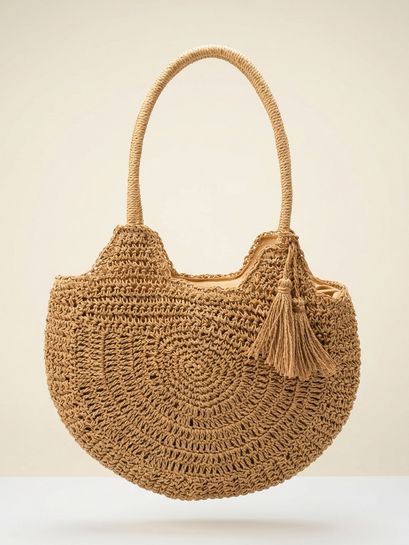 Brown woven handbag with a tassel on a beige background