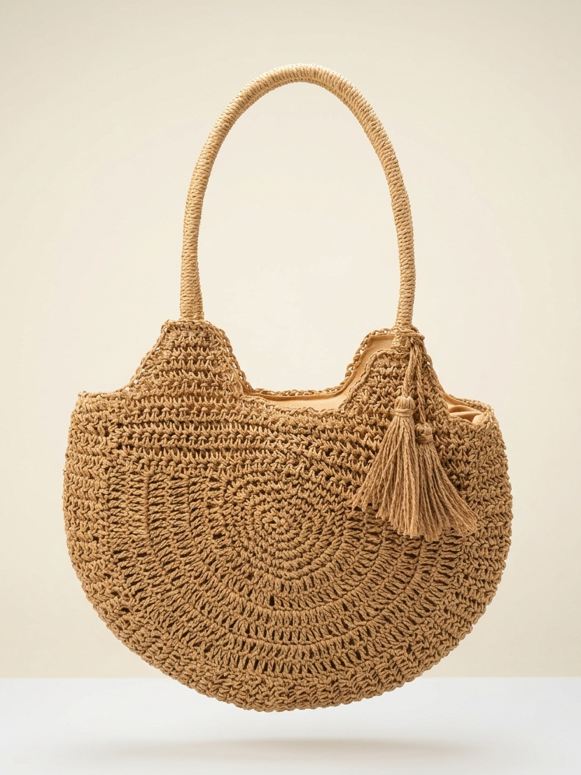 Brown woven handbag with a tassel on a beige background