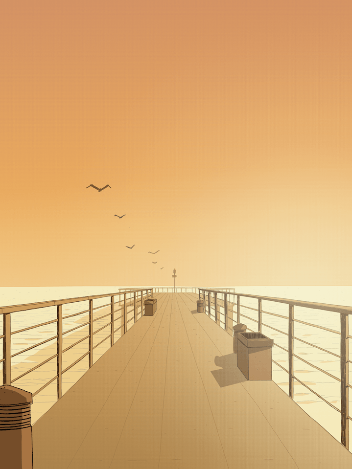 Hermosa Beach Pier Print: Artistic depiction of the iconic pier in Hermosa Beach, capturing the sun-drenched shoreline and vibrant coastal energy