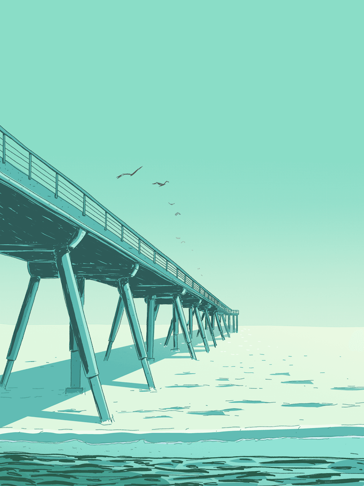 Photographic print of Hermosa Beach Pier at sunset, displaying vibrant colors of the sky, glistening waves, and the iconic pier extending into the ocean