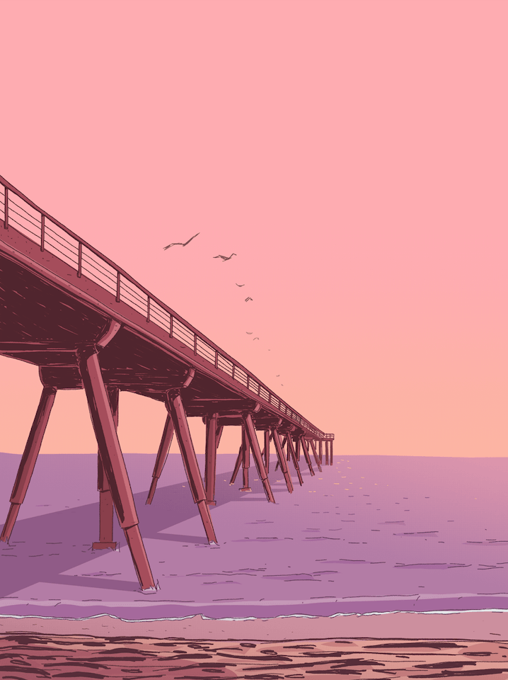 Photographic print of Hermosa Beach Pier at sunset, displaying vibrant colors of the sky, glistening waves, and the iconic pier extending into the ocean