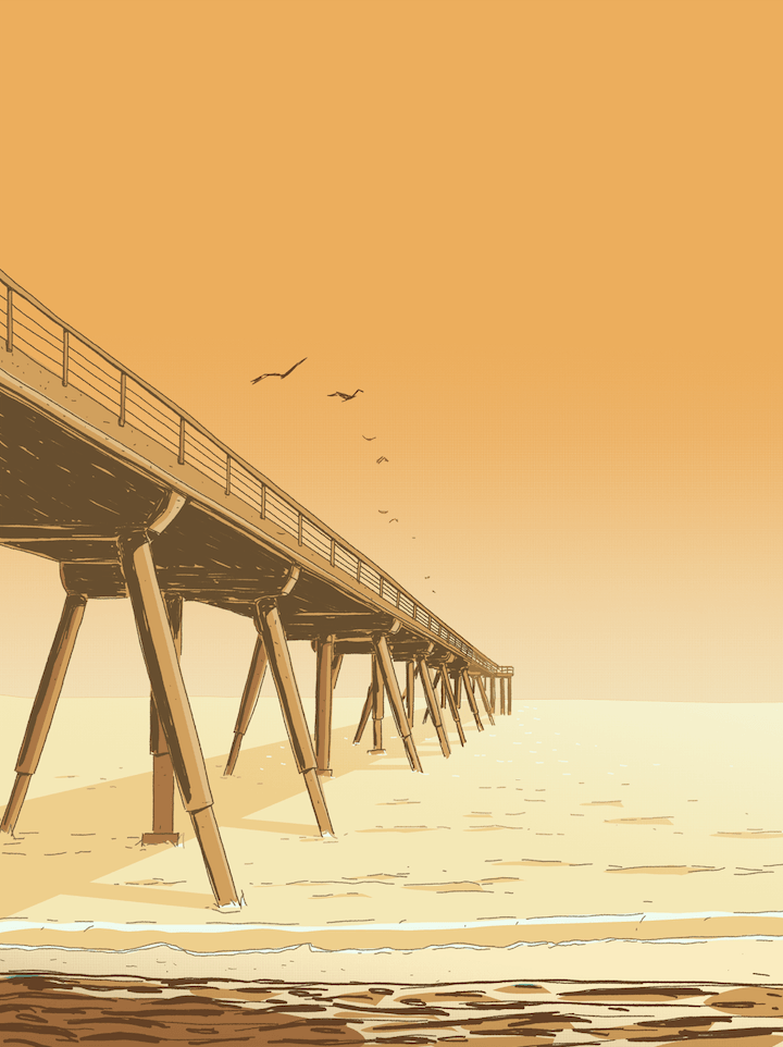 Photographic print of Hermosa Beach Pier at sunset, displaying vibrant colors of the sky, glistening waves, and the iconic pier extending into the ocean
