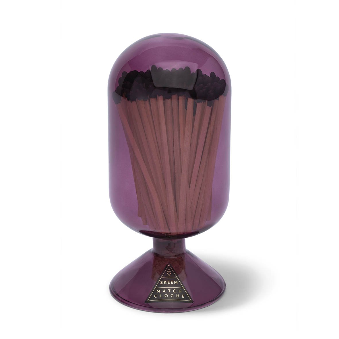 Black Tip Mulberry Match Cloche with black-tipped matches in a vibrant mulberry glass cloche, perfect for stylish home decor.