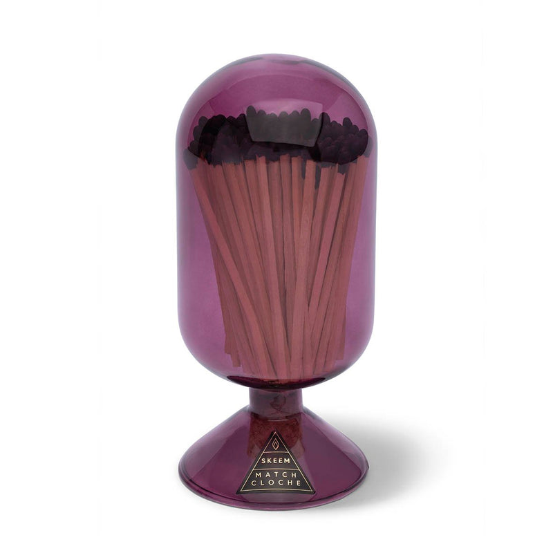 Black Tip Mulberry Match Cloche with black-tipped matches in a vibrant mulberry glass cloche, perfect for stylish home decor.