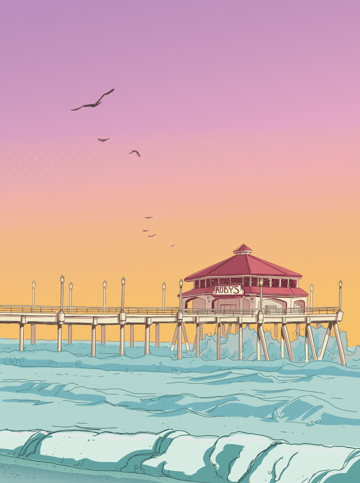 Exquisite Ruby's Diner print from FORMA, showcasing the iconic Long Beach landmark set against a picturesque coastal backdrop, perfect for adding a touch of historic charm to your décor.