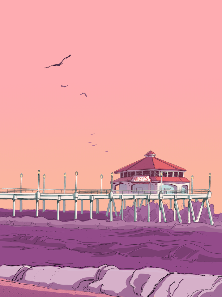 Exquisite Ruby's Diner print from FORMA, showcasing the iconic Long Beach landmark set against a picturesque coastal backdrop, perfect for adding a touch of historic charm to your décor.