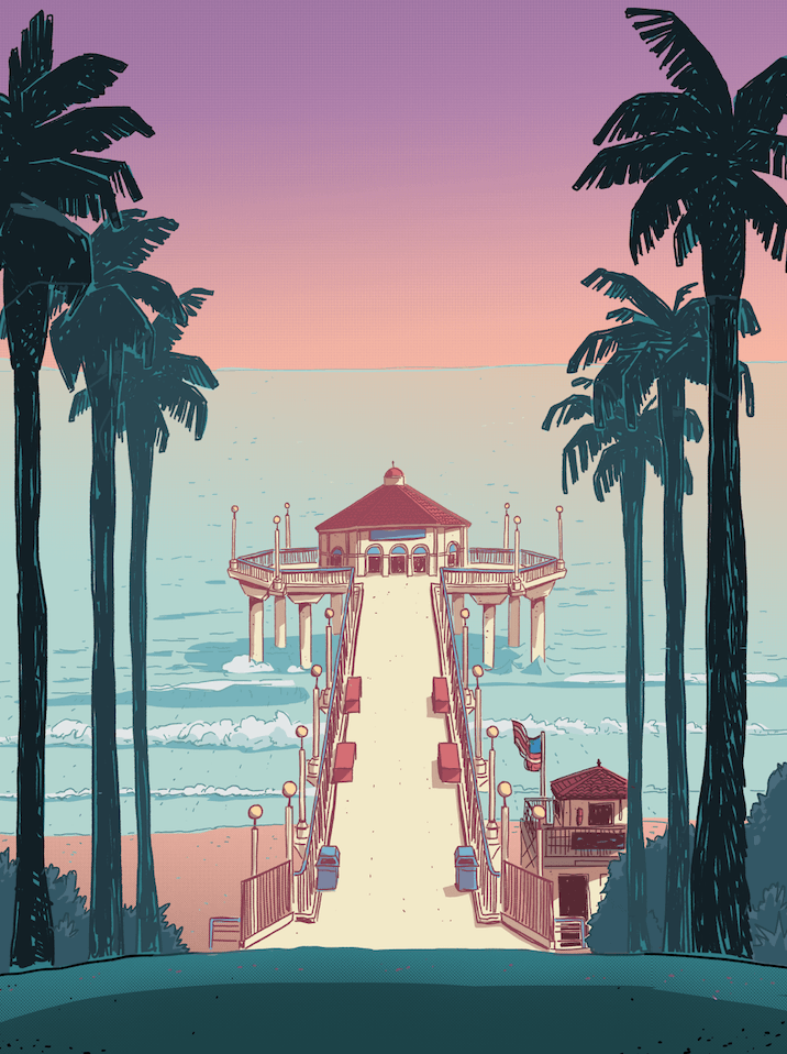 Manhattan Beach Pier, Los Angeles: A stunning view of the iconic Manhattan Beach Pier in Los Angeles, extending into the Pacific Ocean under a beautiful sky.
