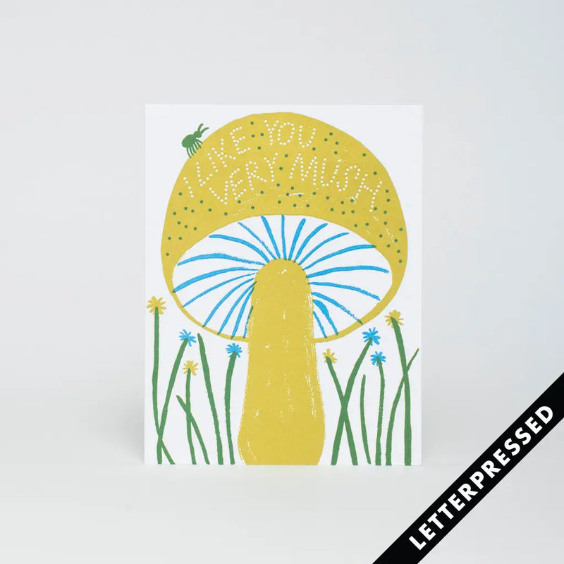 Image of the 'Like You Mush Card', showcasing its charming mushroom design and the cute, pun-filled message of affection.