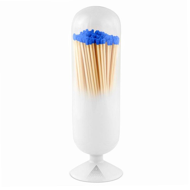 Blue Tip Match Fireplace Cloche, a stylish glass container with a blue tip design, perfect for storing and displaying fireplace matches.