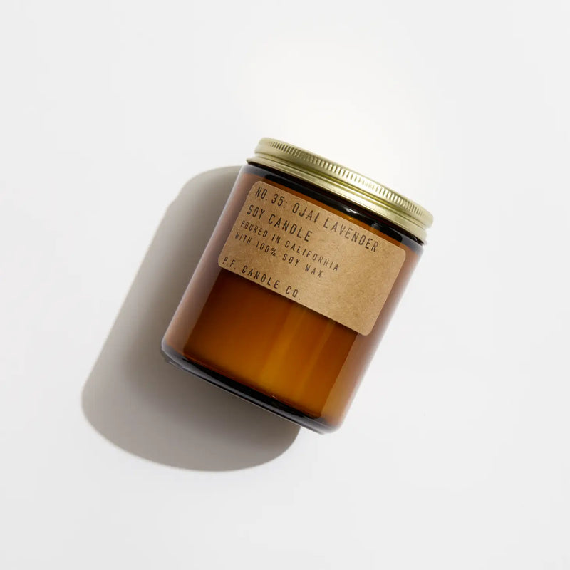 Ojai Lavender Soy Candle in recyclable packaging, emitting a calming lavender scent.