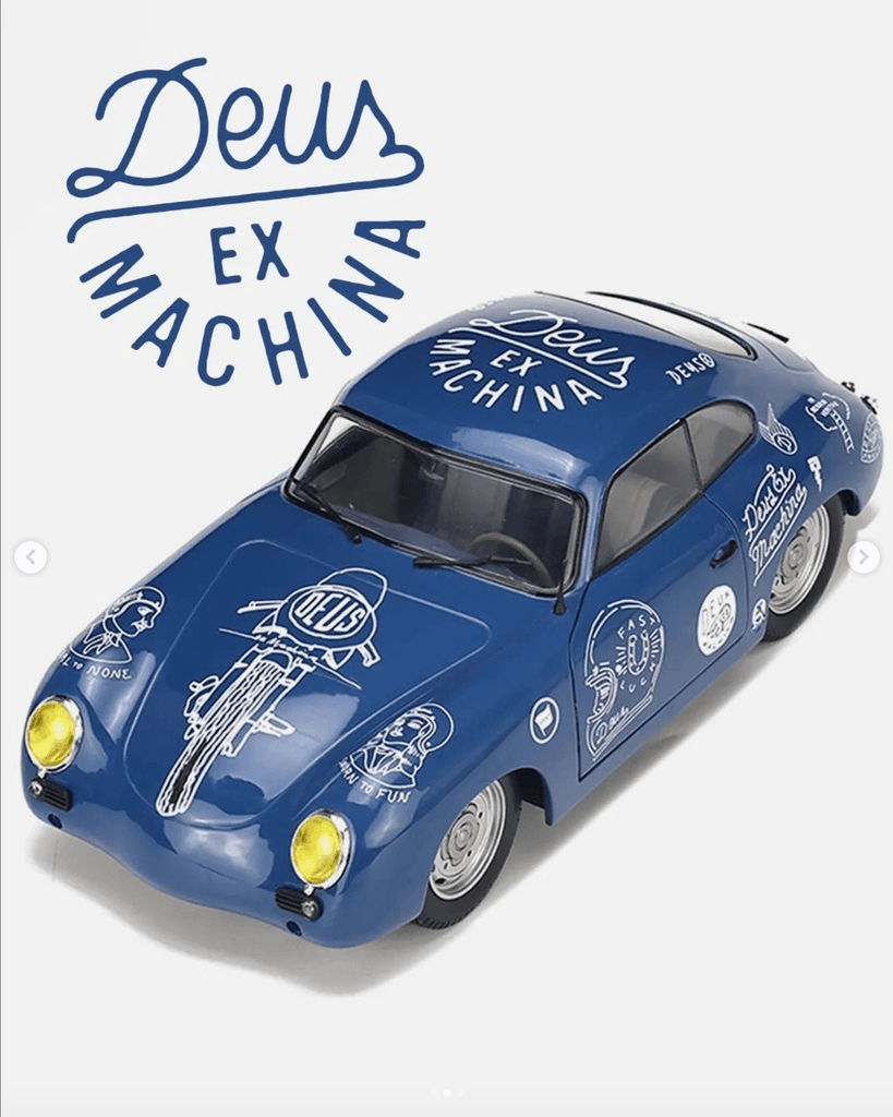 Limited edition Deus Solido Porsche 356 - Blue, a 1:18 die-cast steel scale model, adorned with Deus artwork and featuring operational elements.