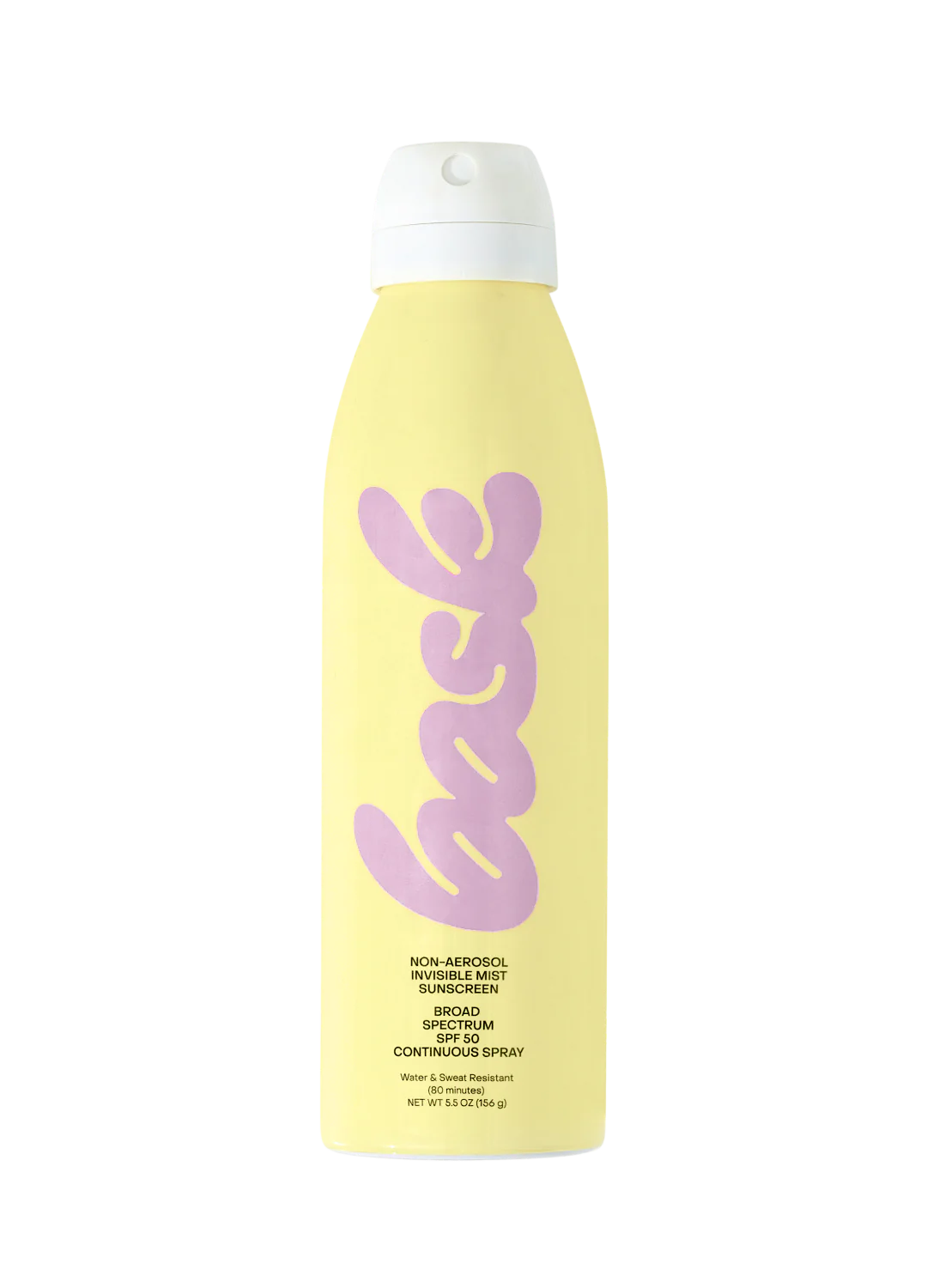 Hand holding Bask SPF 50 Sunscreen Spray, showing the spray function against a sunny beach scene.