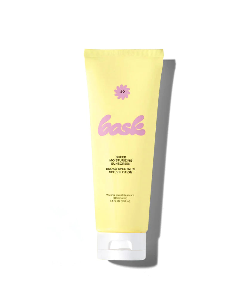 Bask SPF 50 Sunscreen Lotion bottle, 80 minutes of high-intensity UV protection.