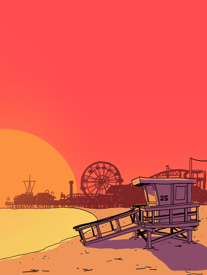Illustration of Santa Monica Beach featuring the lively pier and stunning shoreline under a vibrant sunset sky.
