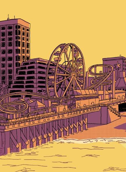 Santa Monica themed print showcasing a vibrant Ferris wheel and serene Pacific Ocean, available at the FORMA store.