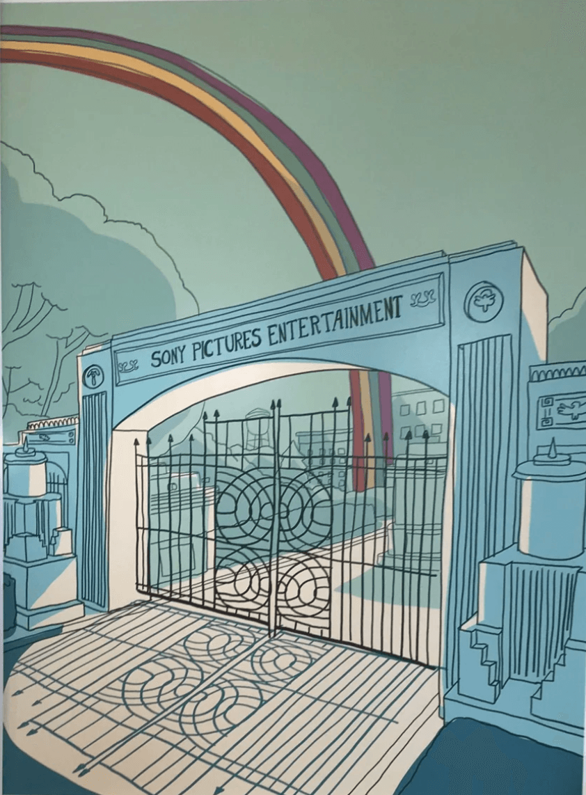 Sony Pictures Studio Print: Artistic illustration of the iconic studio, detailed with blue tones and a vibrant rainbow in the middle, evoking cinematic wonder and colorful delight.