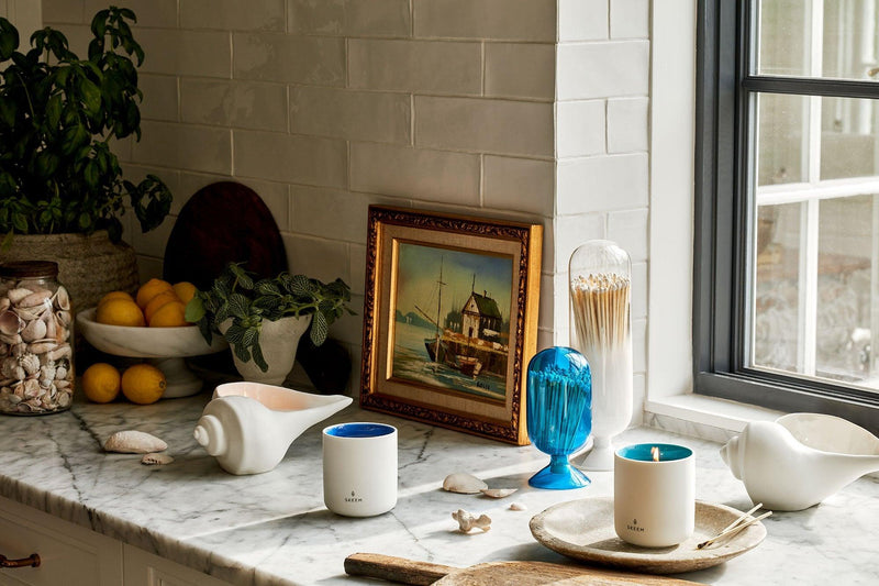 Blue Helix Match Cloche, a stylish glass container with a blue helix design, perfect for match storage and display.