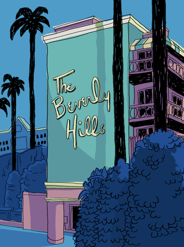 The Beverly Hills Hotel Print - Iconic  facade and lush palm trees against a blue sky, capturing the essence of Hollywood glamour and luxury.