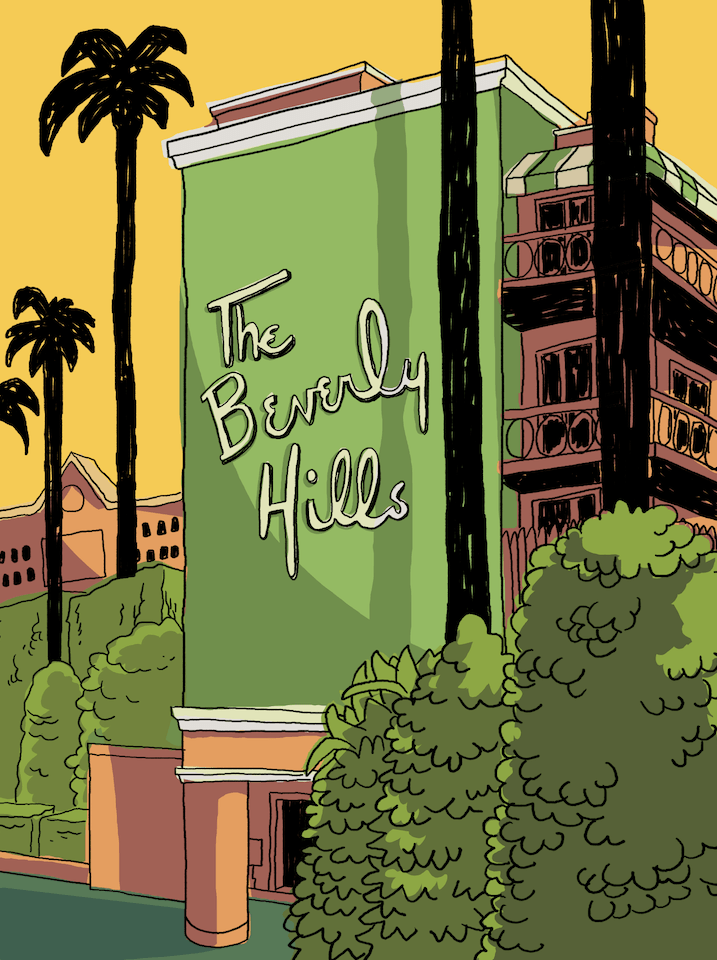 The Beverly Hills Hotel Print - Iconic  facade and lush palm trees against a blue sky, capturing the essence of Hollywood glamour and luxury.