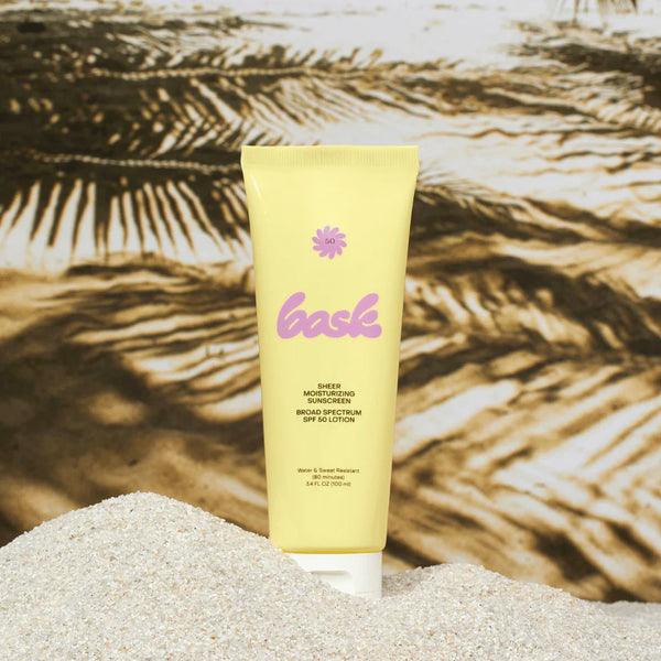 Bask SPF 50 Sunscreen Lotion bottle, 80 minutes of high-intensity UV protection.