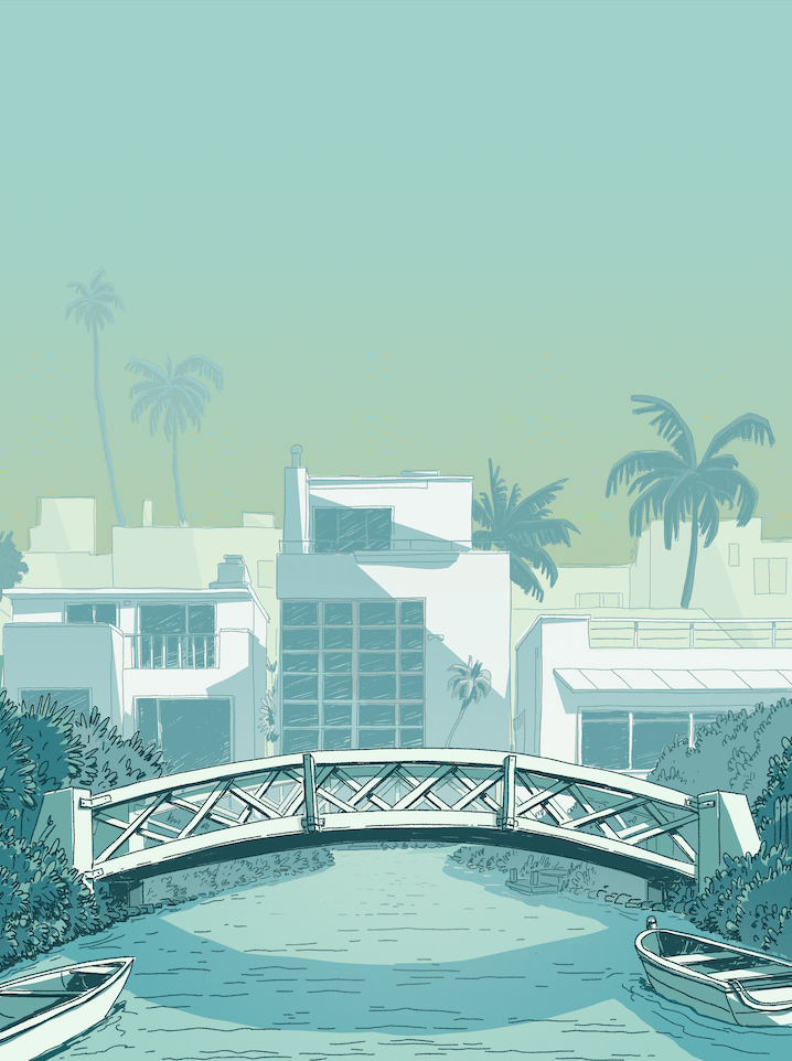 Artistic print of Venice's iconic canal with gondolas, historic buildings, and arched bridges.