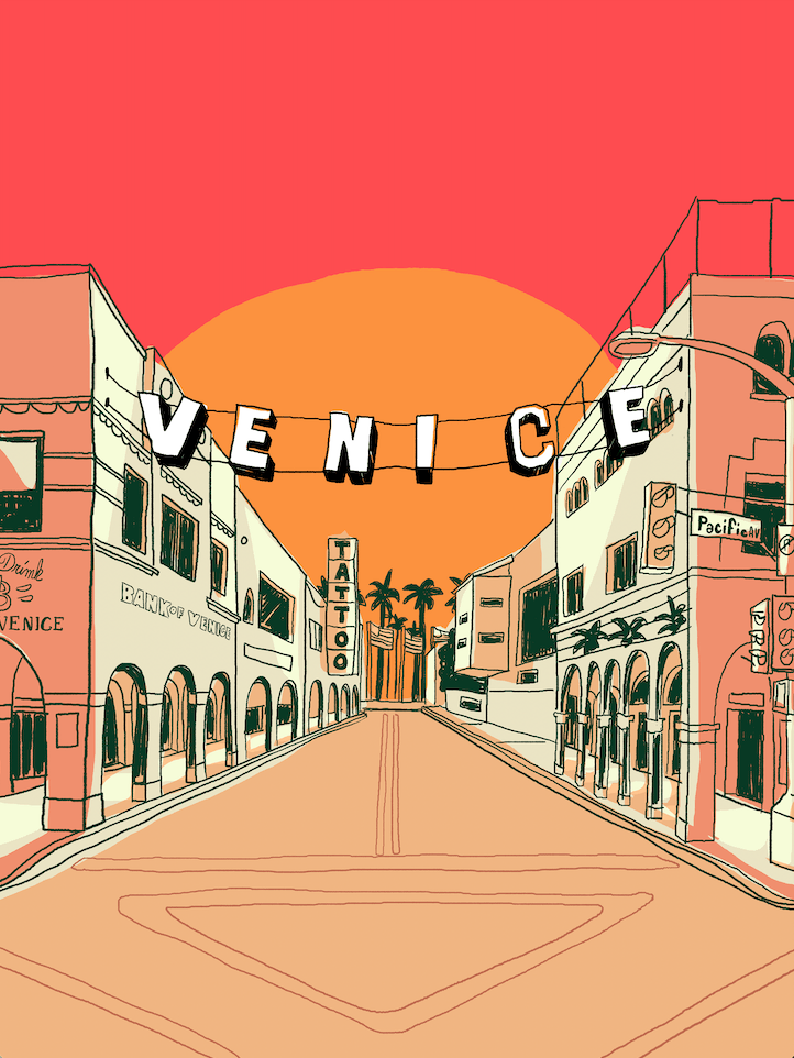 Striking print of the famous Venice Sign, illuminated against a twilight sky, encapsulating the iconic spirit of Venice Beach, California
