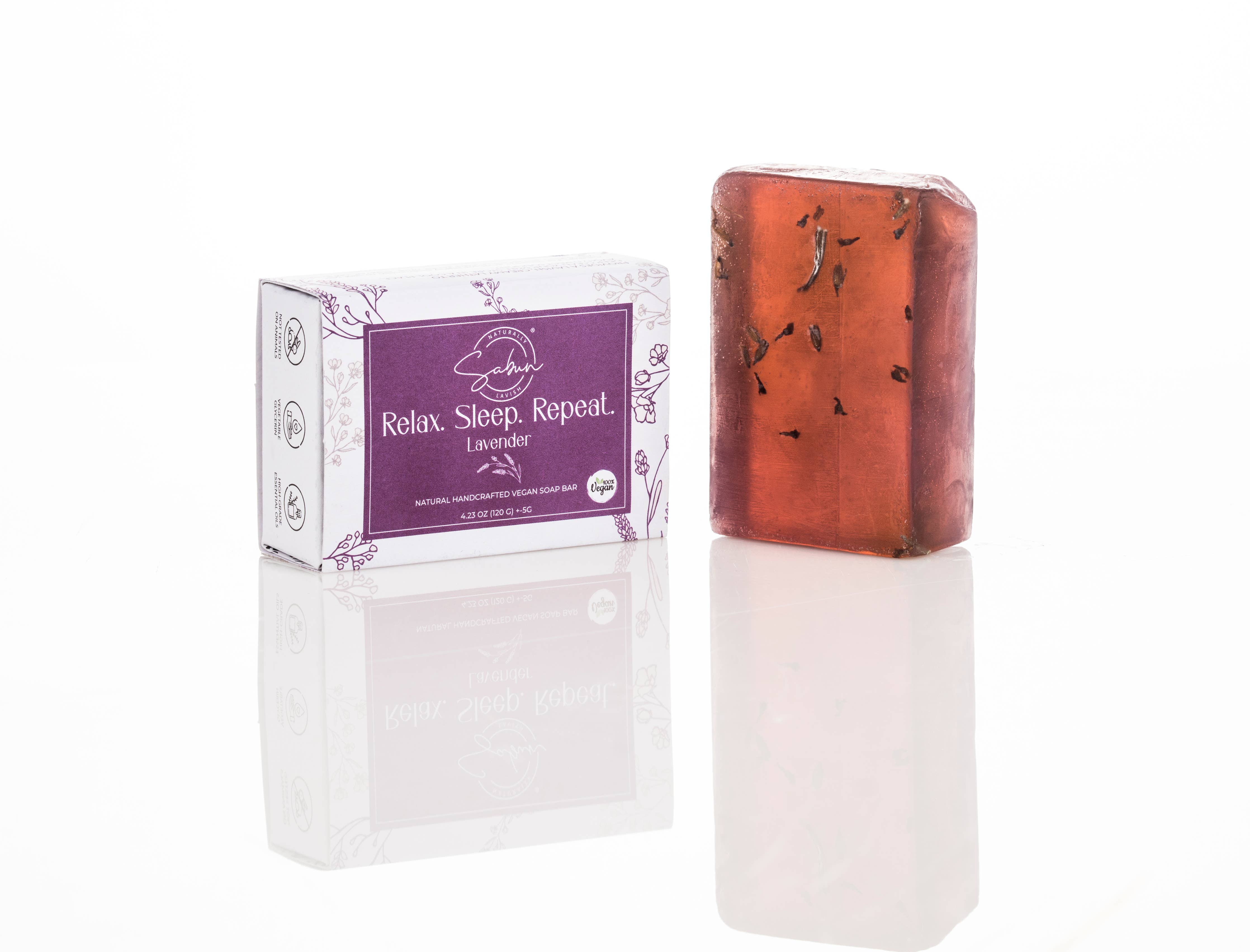 Relax, Sleep, Repeat Lavender Soap Bar with calming lavender essential oils for a soothing and relaxing cleansing experience.