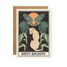 Vintage-inspired Happy Birthday card featuring a panther among tropical leaves with a warm sun in the background.
