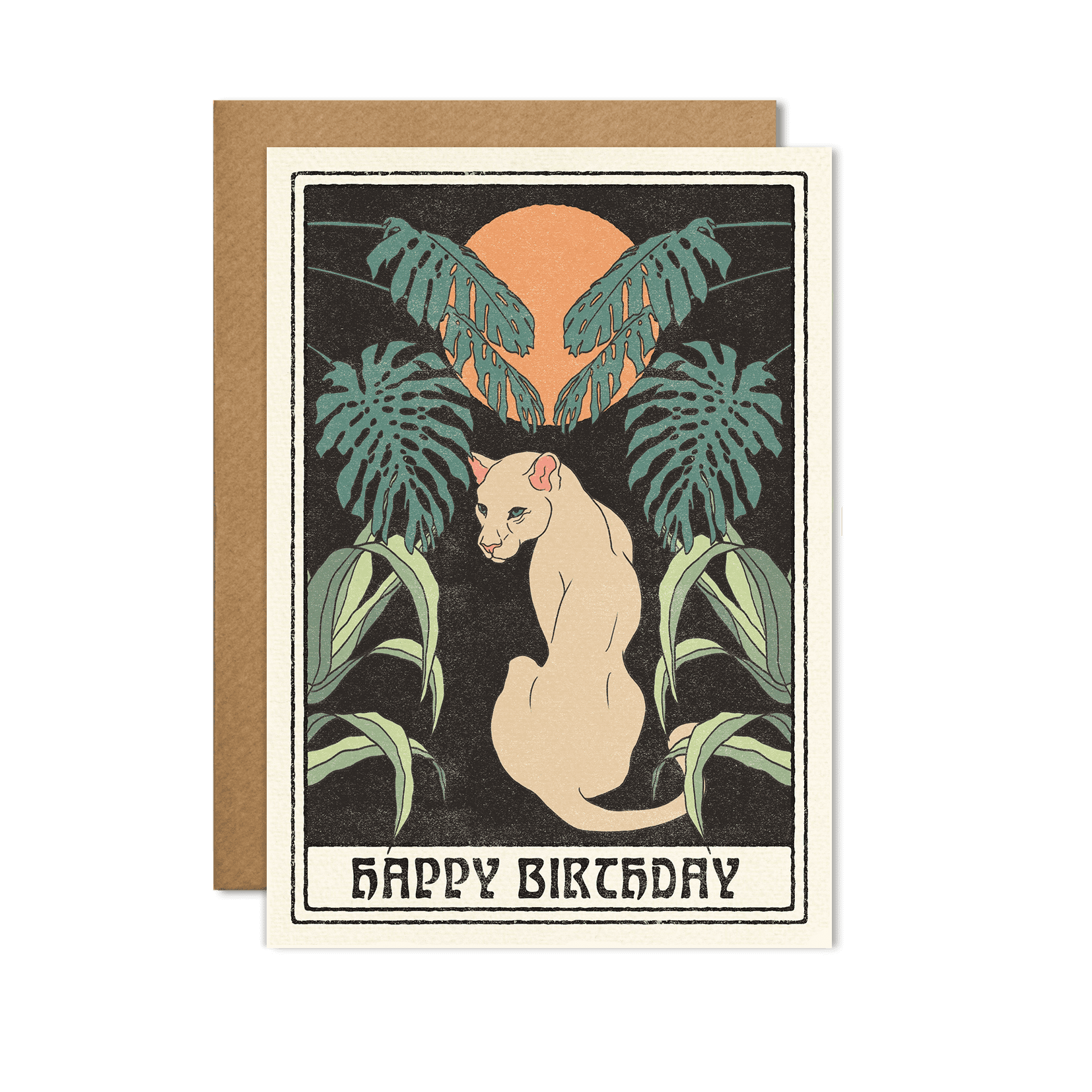 Vintage-inspired Happy Birthday card featuring a panther among tropical leaves with a warm sun in the background.