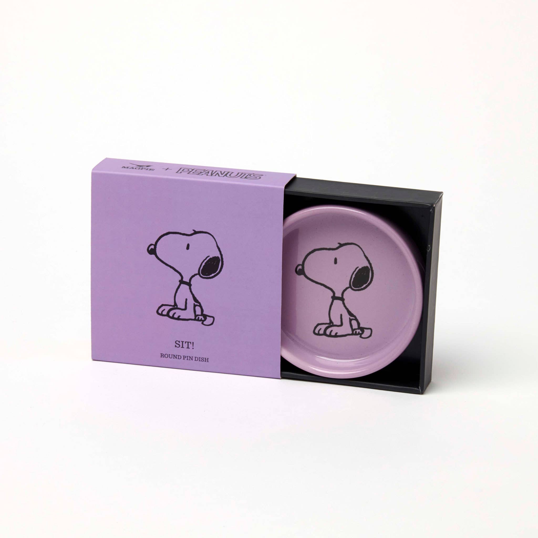Lavender Snoopy pin dish with a sitting Snoopy illustration.