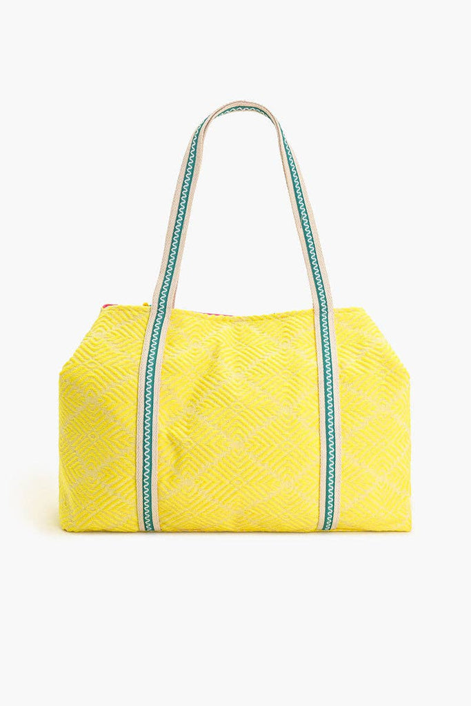 Colorful beaded tote bag with "Amalfi La Dolce Vita" text, lemon motif, and yellow-pink fabric with green handles.