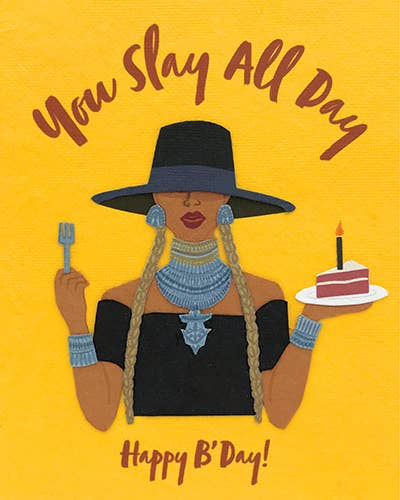 Illustration of a woman holding a cake and fork with 'You Slay All Day' text on a yellow background