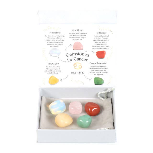 A Cancer zodiac gemstone set with five polished stones, including Moonstone, Rose Quartz, Red Jasper, Yellow Jade, and Green Aventurine, displayed in a decorative box with descriptions.
