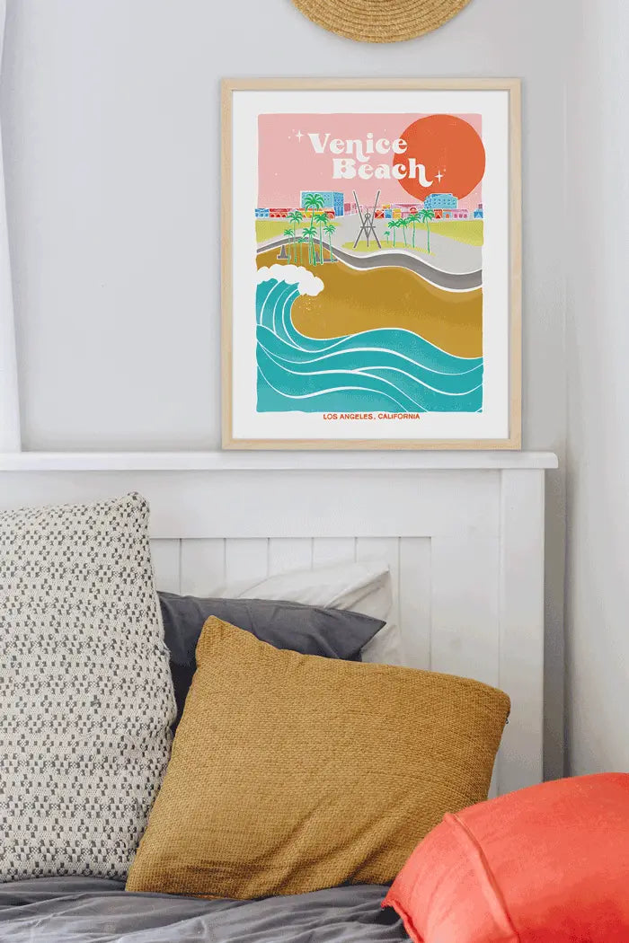 Artistic representation of Venice Beach's vibrant boardwalk and serene waves, capturing the essence of California's coastal gem.