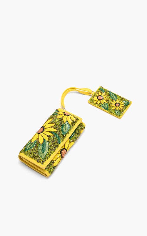 Yellow beaded wallet and card holder set with embroidered sunflower design and green leaf details.