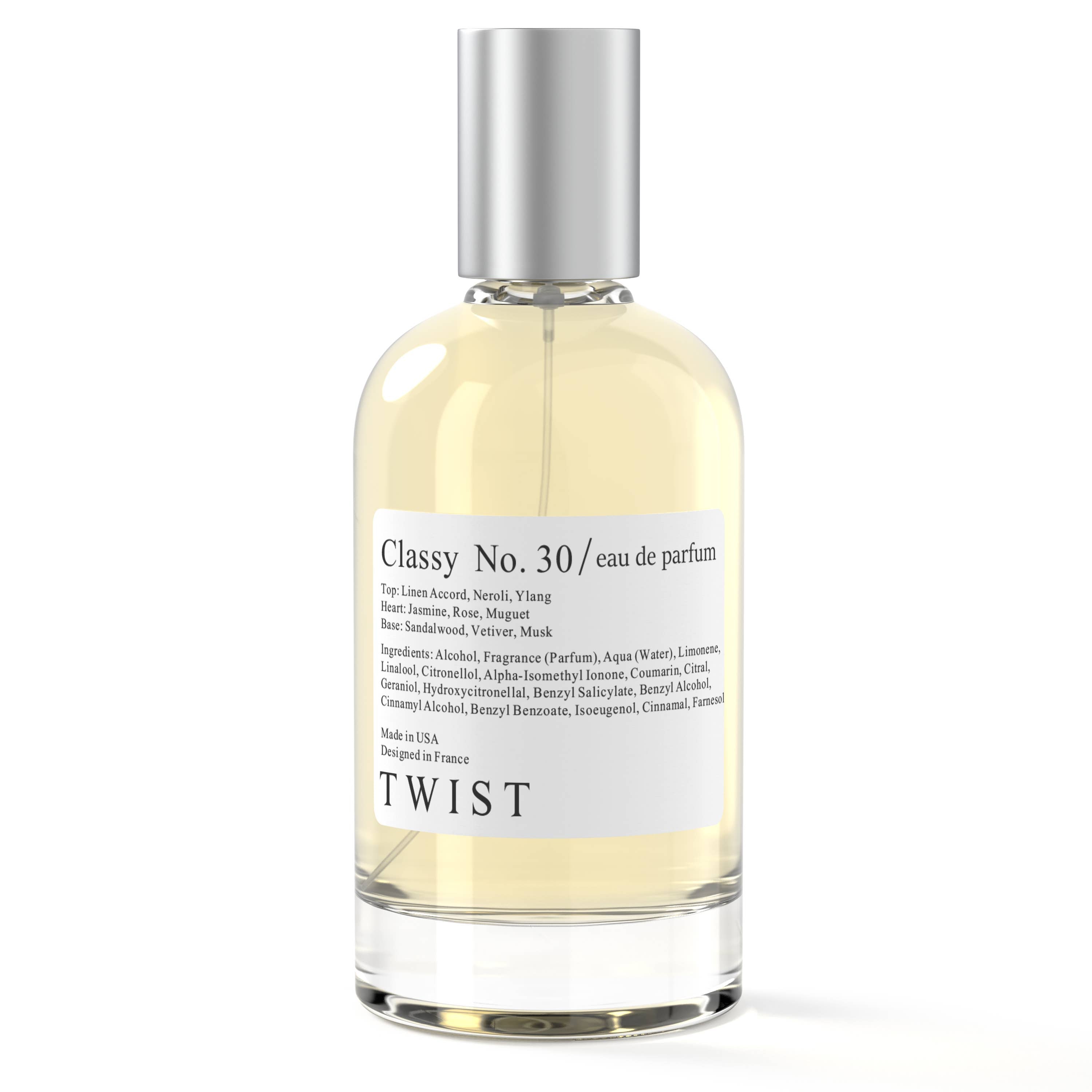 Bottle of Classy No. 30 Eau De Parfum, featuring notes of linen, jasmine, rose, sandalwood, and musk.