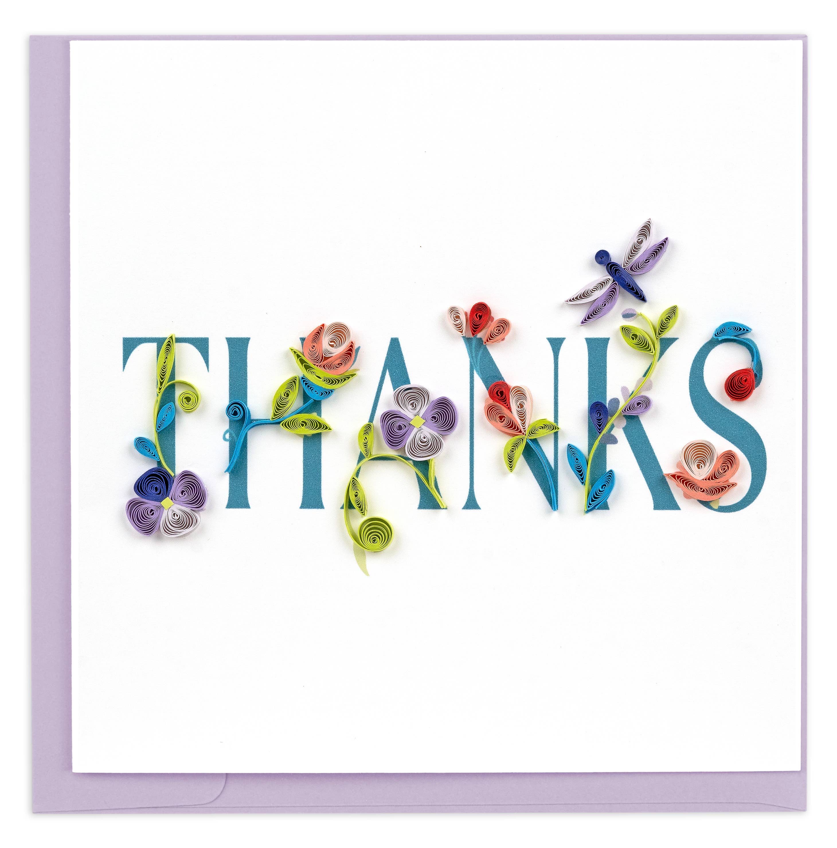 Colorful paper quilled card with 'THANKS' and floral designs on a white background