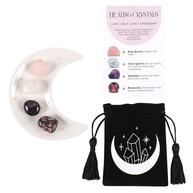 Love Crystal Set featuring a crescent moon trinket dish, rose quartz, clear quartz, amethyst, and rhodonite stones, displayed with a matching information card and a printed drawstring pouch.