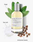 Bottle of Salt No. 75 Eau De Parfum, featuring a unique blend of woody, musky, and salty notes with hints of sage and grapefruit.