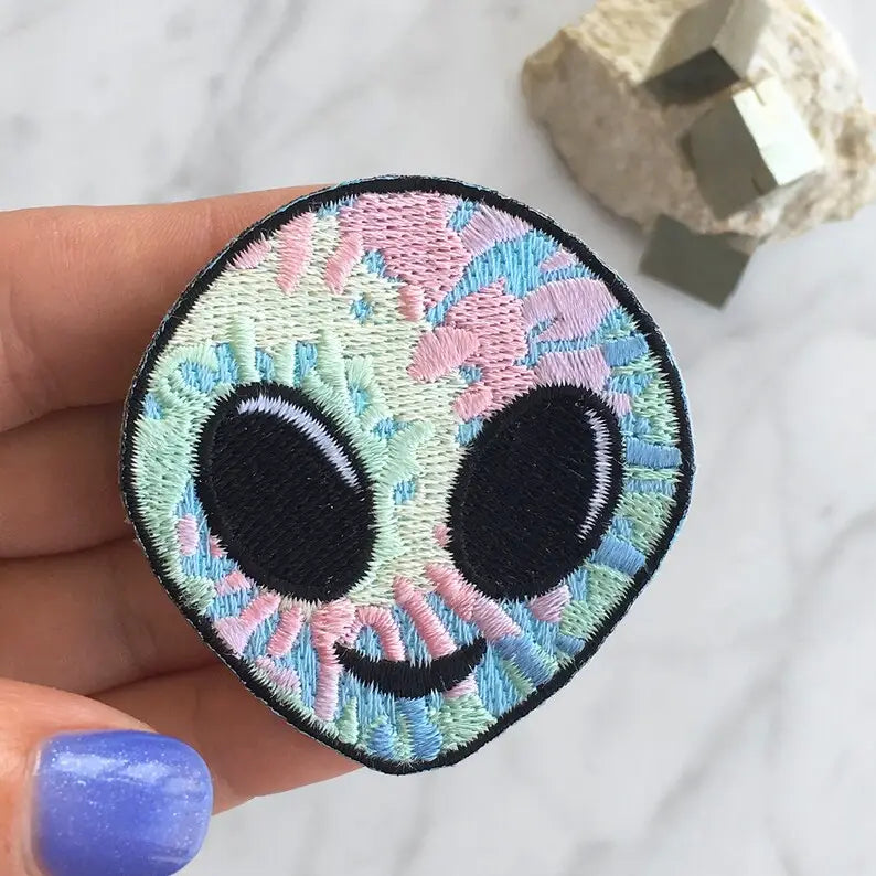 A colorful Alien Patch, 100% embroidered, showcasing intricate details and vibrant design.