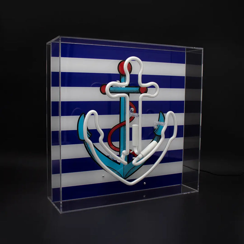 Blue Neon Anchor Light encased in a glossy acrylic box with printed graphics, a stylish offering from FORMA.